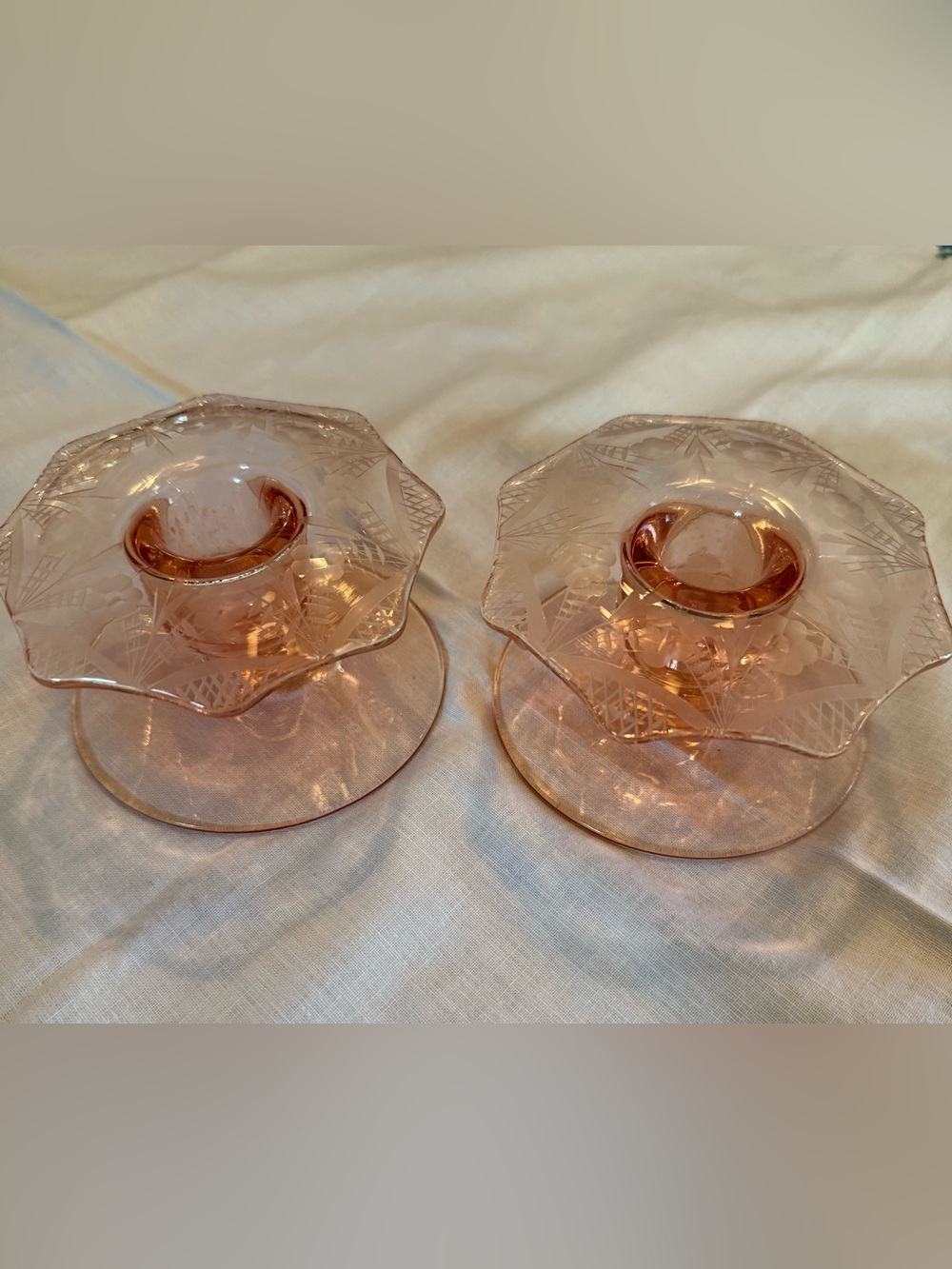 Vintage Pair Pink Depression Glass Candle Holders Heisey Glass Flamingo Twist